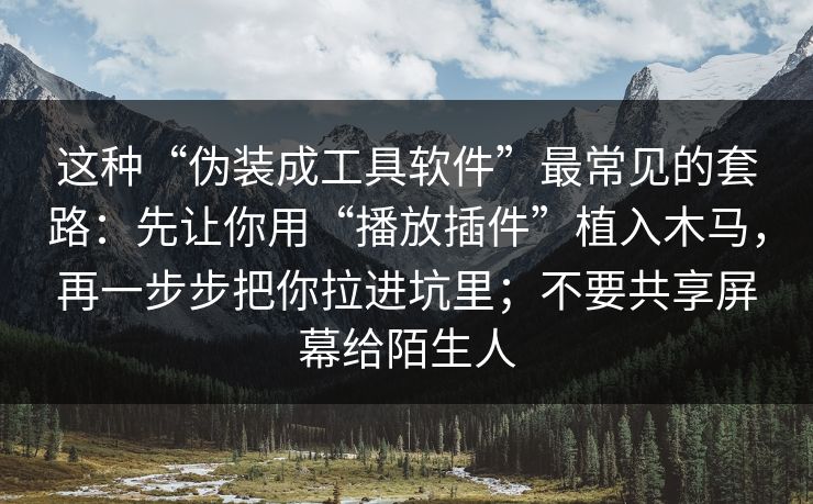 这种“伪装成工具软件”最常见的套路：先让你用“播放插件”植入木马，再一步步把你拉进坑里；不要共享屏幕给陌生人